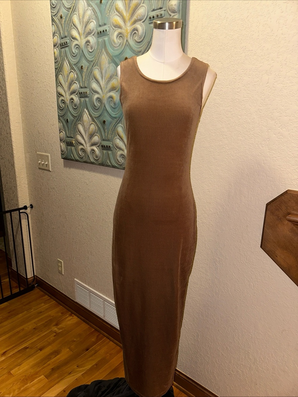 Vintage 90s Possessed Clothing Brown Ribbed Bodycon Maxi Dress M USA Made